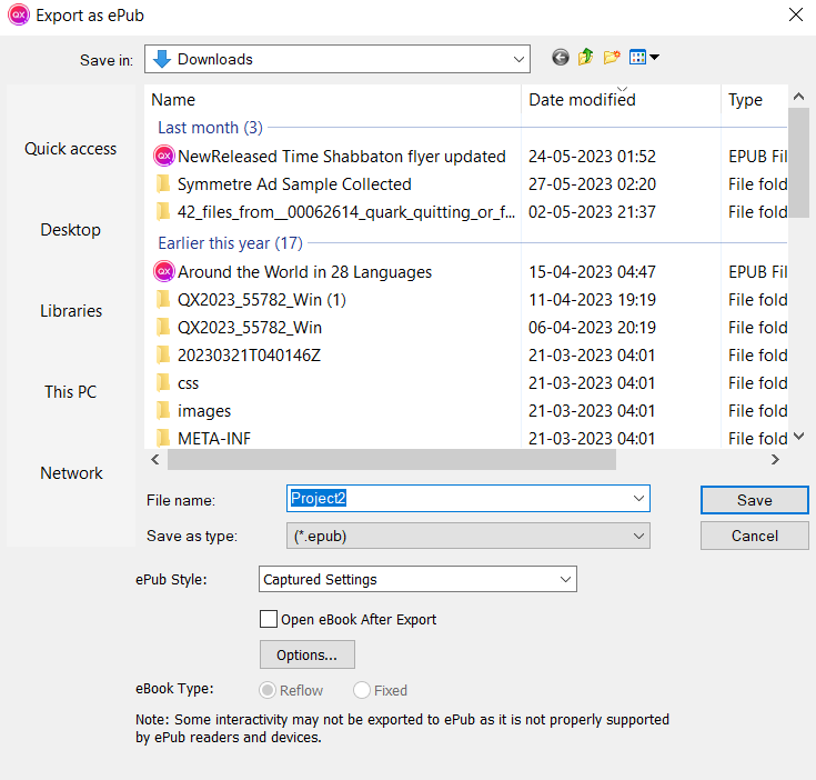 Unable to export layout as epub in quarkxpress 2023